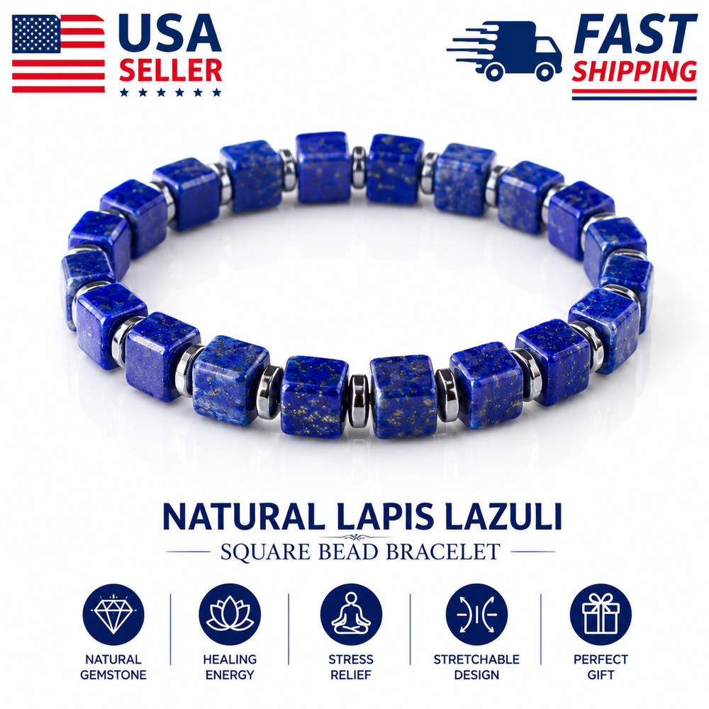 Men Women Natural Lapis Lazuli Bracelet Square Bead Stretch Boho Healing Jewelry
