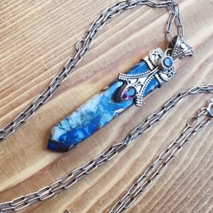 VTG MEXICO POINTED OCEAN JASPER DETAILED W AMETHYST STERLING SILVER NECKLACE