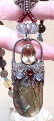BEAUTIFUL Sterling Silver Labradorite, Garnet Carved Floral Moonstone Necklace
