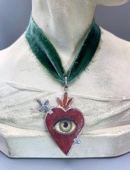 Hand Painted Lovers Eye Sacred Heart Pendant with Green Victorian Velvet Ribbon
