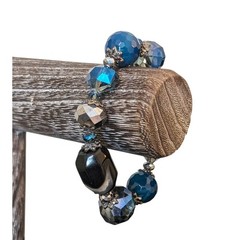 Blue Agate Faceted, Smoky Crystal and Oblong Stone Beaded Stretch Bracelet
