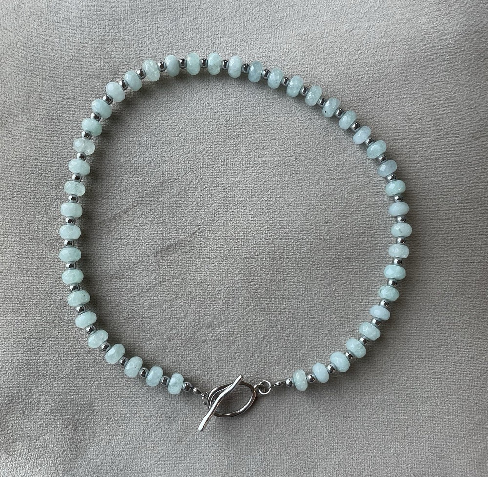 SKY BLUE DYED QUARTZ Rhodium Plated Rondelle Beads Choker Necklace 17.5” Toggle
