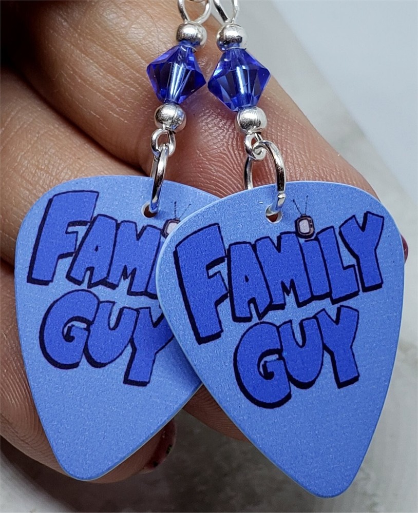 Family Guy Guitar Pick Earrings with Blue Swarovski Crystals
