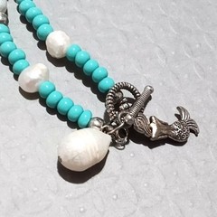 White Freshwater Pearl and Turquoise Beaded Necklace Mermaid Charm