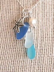COASTAL BLUES Sea glass jewelry handmade cluster w STARFISH +PEARL Necklace