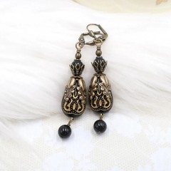 Black Victorian Earrings: Antique Brass Filigree, Acrylic Bead Dangle Jewelry