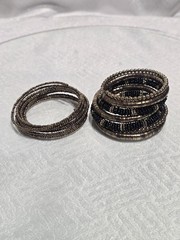 Women’s Stackable Beaded Coil Bangle Bracelet Set Of 2, Gold & Black Metal