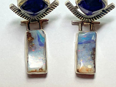Opal Amethyst post earrings in sterling silver Bezel set signed Debbie Noiseau