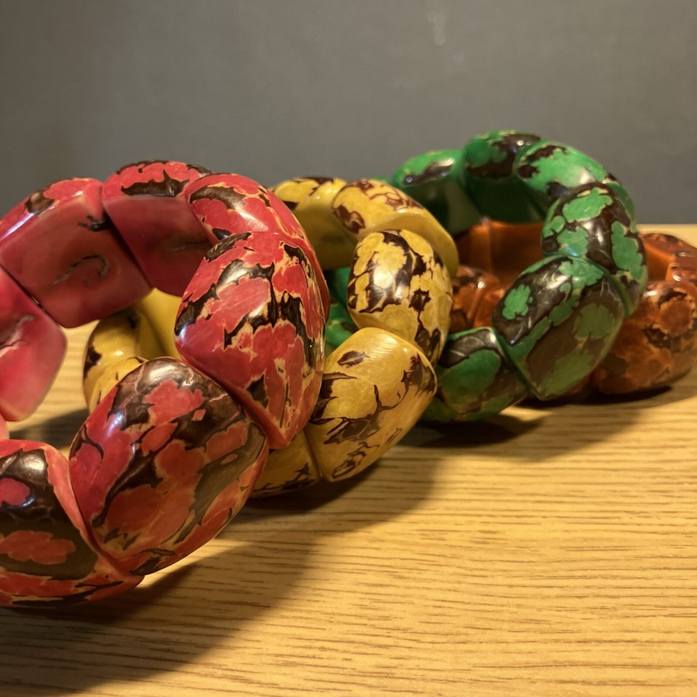 4 Tagua Nut Bracelets Pink Yellow Green Brown Stretch Boho Chunky Organic Beads