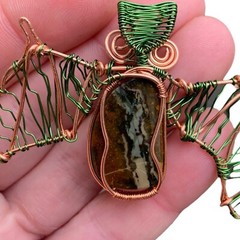 Natural Dragon Bloodstone Copper Wire Wrap Bat Pendant Handmade Gothic Gift