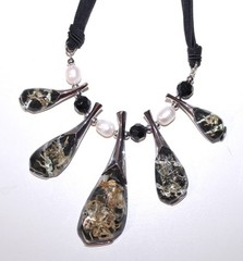 Genuine Pearl Charm Necklace Silver Confetti Lucite Black Glass w Ribbon Chain