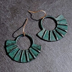 Antique Copper Verdigris Blue Green Patina Edgy Round Fan Earrings