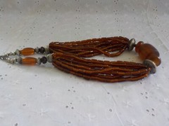 Brown Glass Tube & Resin Bead Necklace Silver Tone Metal Multi Strand