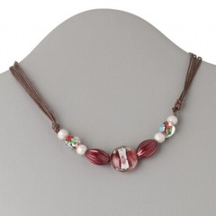 Artsy Red Copper and Silver Lampwork Glass Beads Necklace with Lobster Clasp