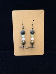 Beaded Dangle Drop Hook Earrings Multicolor Stone Beads, Lava Beads & Metal.