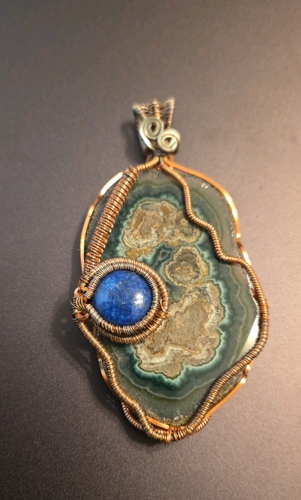 One Of A Kind Artisan Fossil/Lapis Wire Pendant