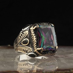 925 Sterling Silver Mens Ring with Mystic Topaz Gem Stone, Handmade Men Silver