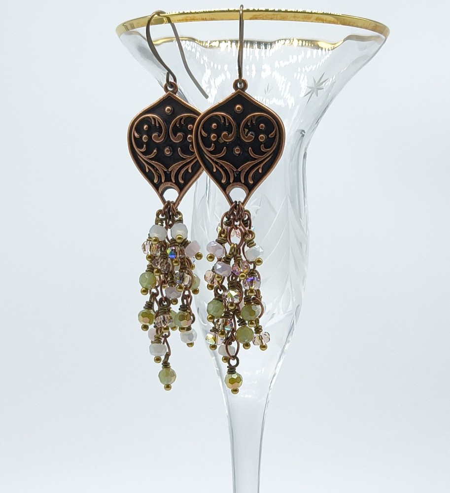 Artisan Antique Copper Crystal Cluster Dangle Earrings