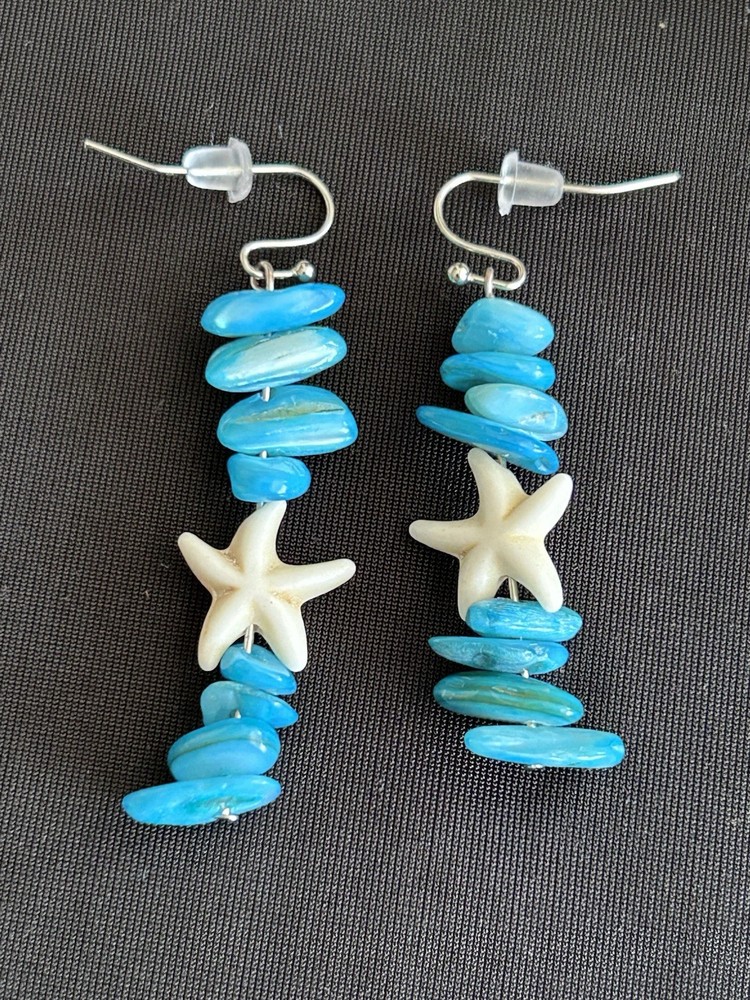 Handcrafted Blue Shell Stone Starfish Beaded Dangle Earrings Beach Sea Life