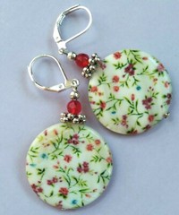 printed SHELL Spring Flowers Red CRYSTAL earring SP LEVERBACK artisan XX