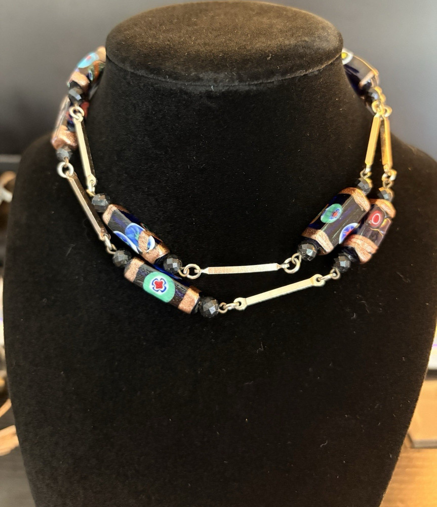 Handcrafted Multicolor Glass Bead Bar Link Statement Necklace 26″