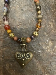 Retro Brass Venetian Heart Pendant Crystal Agate Jasper Hematite Bead Necklace