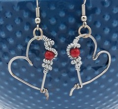 Handcrafted, dangle silver plated wire wrapped earring, red bead earrings wire