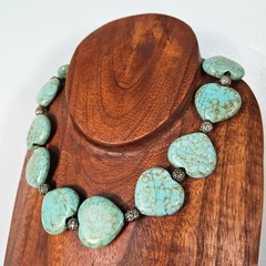 Faux Turquoise Large Puffy Heart Statement Necklace Choker Silver Tone Western