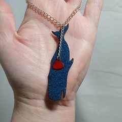 White Enameled Copper Whale Pendant Necklace 18” Silver Tone Chain Red Heart