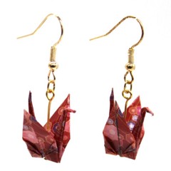 Japanese Traditional Origami Tsuru Bird Crane Design Earrings (Red/Pink)