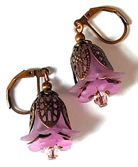 LAVENDER acrylic PINK crystal FLOWER FILIGREE LEAF earring BRONZE LEVER BACK