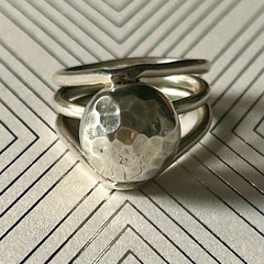 Very Cool 80’s Modernist Ring. Hammered Sterling Silver Ball atop 3 Bands. 5.75.