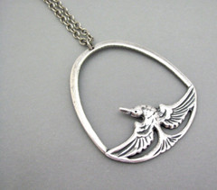 Art Deco Bird Necklace Egyptian Revival Pendant Antiqued Silver Plated Chain