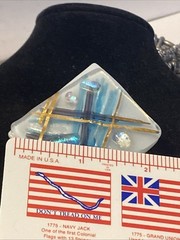 Fused Art Glass Brooch Pin – Metallic Blue – White, Black, Gold