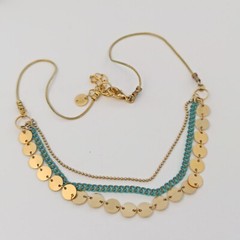 Layered Bib Necklace Gold Turquoises Tone Chain Modernist Egyptian Revival