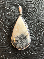 Rustic Artisan Southwest White Black Picasso Jasper Raindrop Pendant Bezel 2″