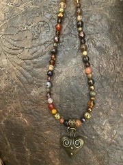 Retro Brass Venetian Heart Pendant Crystal Agate Jasper Hematite Bead Necklace