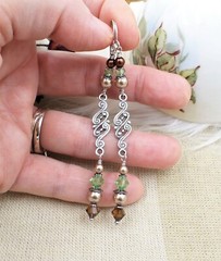 Brown Pearl Earrings Green Crystals, Silver Filigree Long Handmade Jewelry