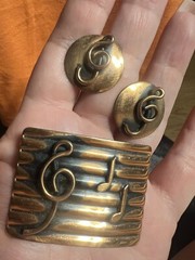 Fun Vintage Estate Copper Art Music Earring Brooch Set Artisan