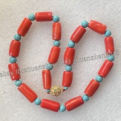 Natural Orange Red Irregular Cylinder Coral Round Turquoise Gems Necklace 18-28″