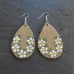 Genuine Leather Dangle Earrings Beige Hand Painted Flowers Handmade Mexican Art