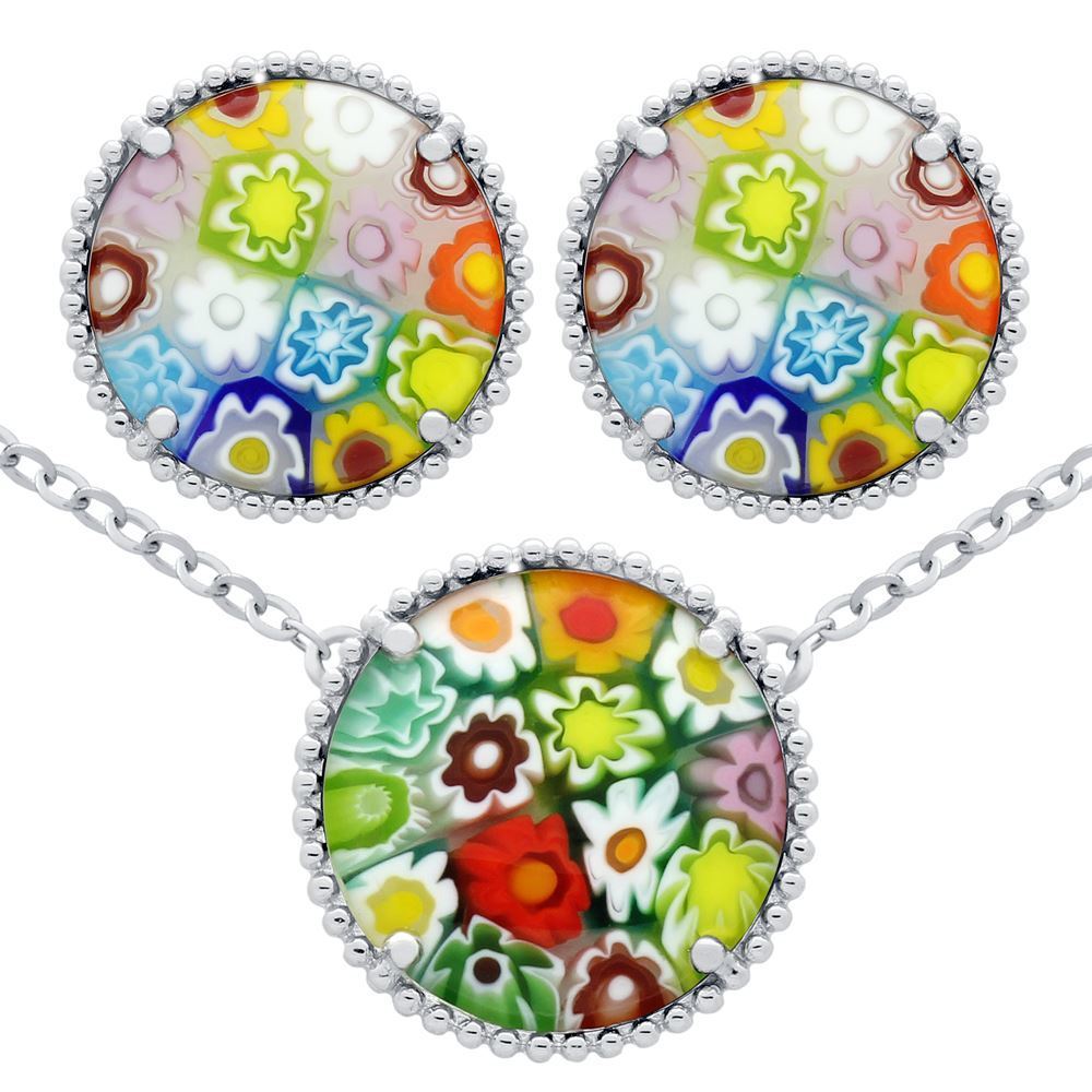 Alan K. Silver Murano Millefiori Set: Multi-Color Round Post Earrings & Necklace