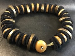 Artisan Made Fiber Art Necklace Black Felt Discs Donut Amber Pointed Oval Brass
