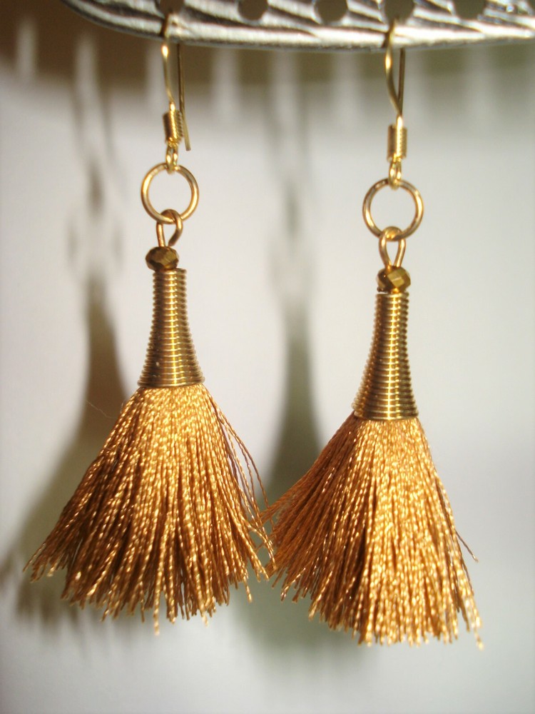 2 3/8″ Drop Brass Wire Wrapped Golden Beige Tassel Handmade Gold Plated Earrings