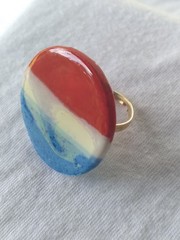 Handcrafted Gold Adjustable Polymer Clay Ring Round Red White Blue