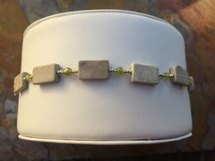 Handmade Bracelet of Gray and Cream Marble and Green Peridot Round Stone Beads