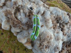 Green Gaspeite & White Opal Sterling Silver 925 Feather Southwestern Pendant U18
