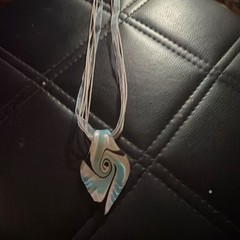Handcrafted Glass Pendant Necklace Ribbon Cord Asymmetrical Blue White Beige