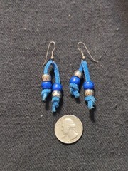 Silver Tone Blue Pony Bead and Suede Tassel Statement Earrings