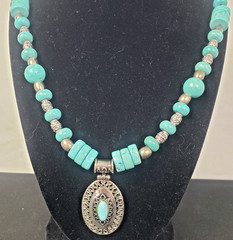 Handcrafted Turquoise & Silver Beaded Statement Necklace w/Detailed Oval Pendant